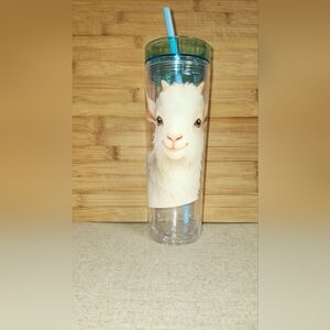 Hand Crafted Clear Tumbler with Goat Design and Blue Straw